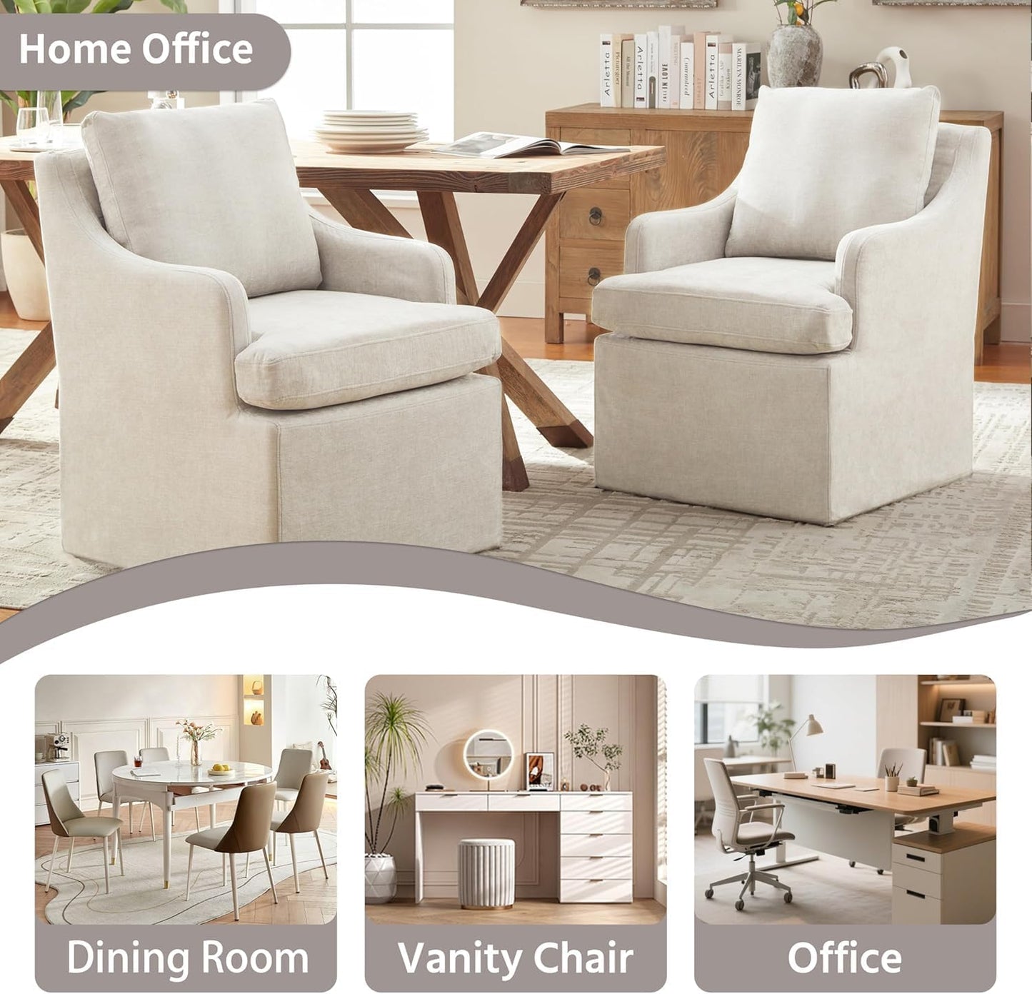 VKNOW Upholstered Dining Chairs Set of 4, Modern Kitchen Chairs Dinner Chairs with 4 Casters, Chenille Armchair for Bedroom Reading Room Living Room, Beige
