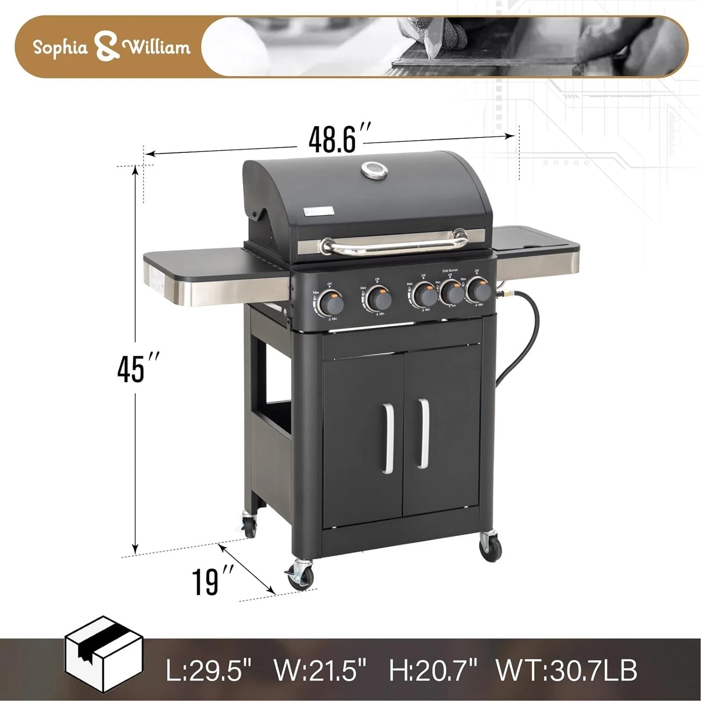 Burner Gas grill with side burner and enameled cast iron grille 42,000BTU outdoor cooking stainless steel propane grill Garden grill, silver
