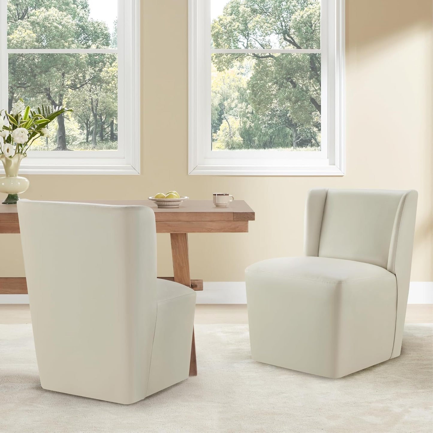 KISLOT Upholstered Dining Chairs Set of 4 with Casters, Wingback Modern Side Armless Deskchair with Rollers for Diningroom Bedroom Livingroom Reading Room, Cream Faux Leather