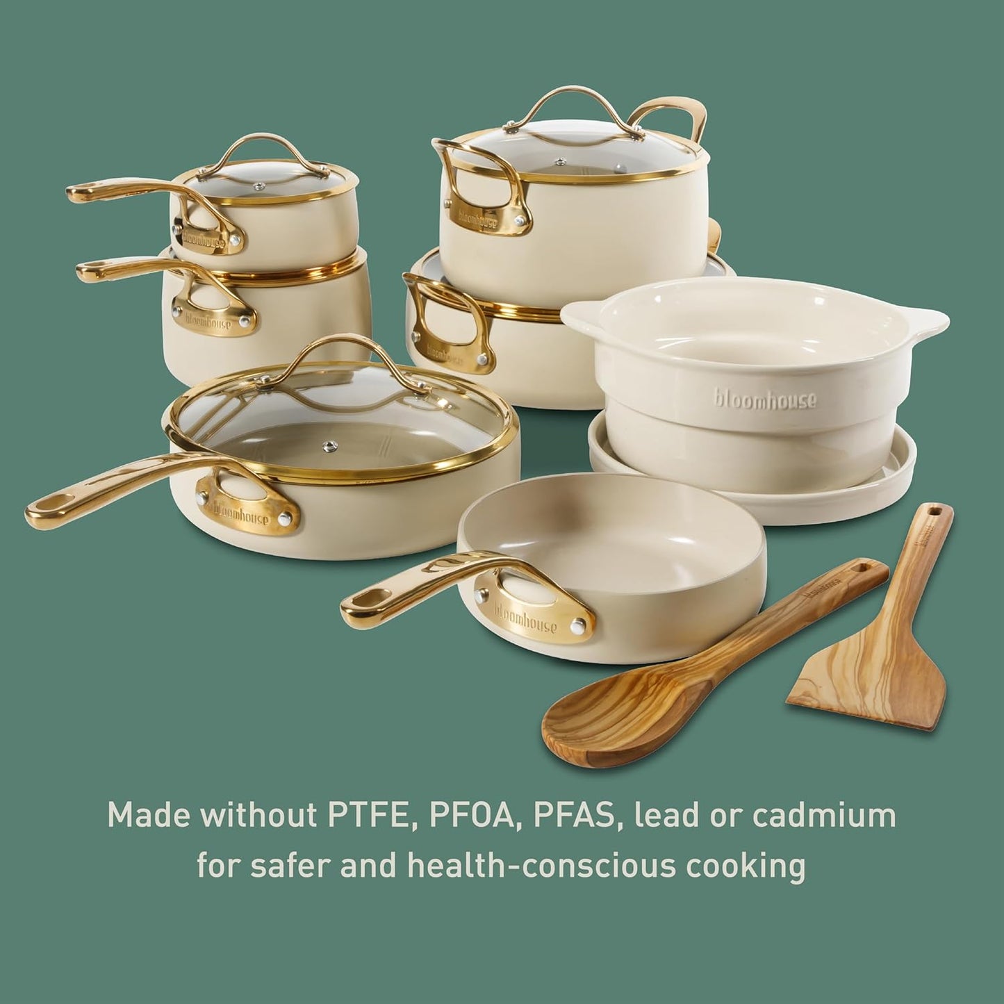 Bloomhouse - Two Time Oprah's Favorite Things Winner - 15 Piece Pots and Pans Heavy Duty Aluminum Premium PFA Free Ceramic Nonstick Cookware Set - Almond Cream w/Gold Handle
