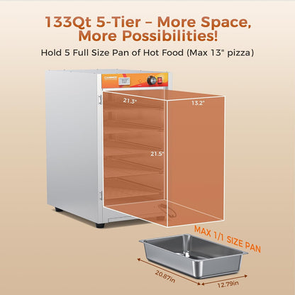 CAMMOO 133Qt 5-Tier 900W Commercial Food Warmer w/ 304 Blued Stainless Steel Heating Element, Single-Tempered Glass Door, Adjustable Shelf, Electric Catering Hot Box Countertop Heated Holding Cabinet