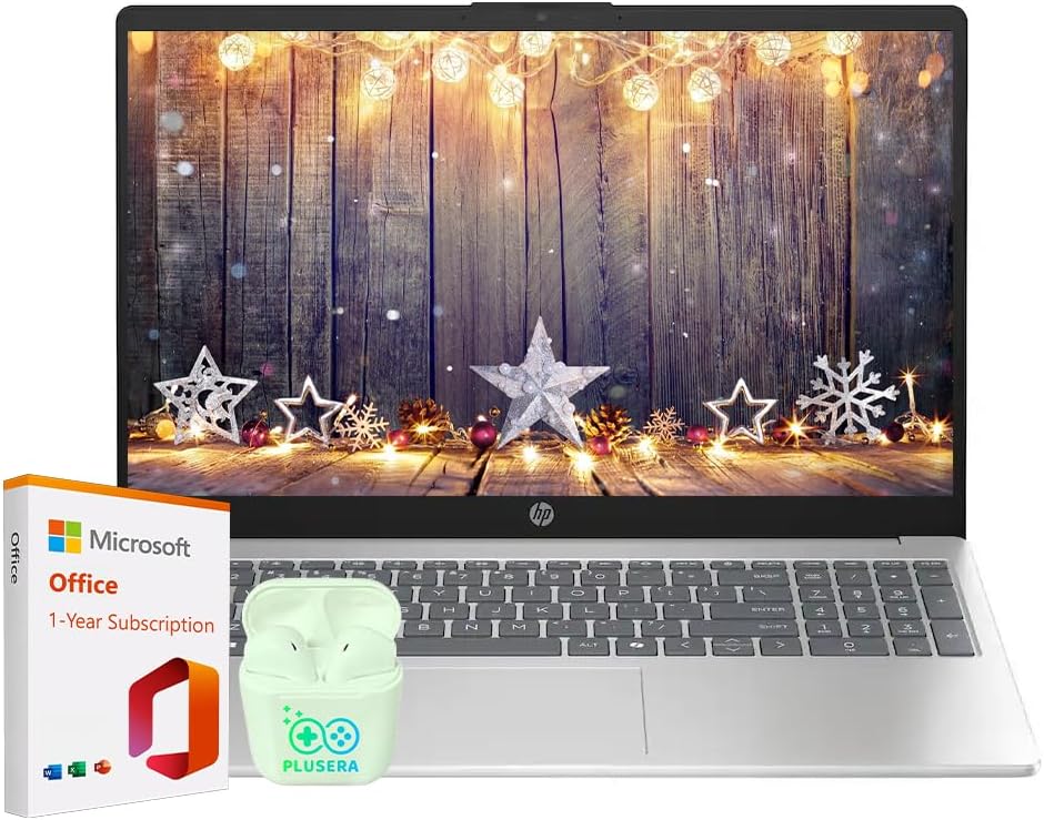 HP 15.6" Business Laptop with Microsoft Office 365 with Copliot AI, 16GB RAM 128GB SSD, Quad-Cores Intel Processor, Windows 11, PLUSERA Earphones, Natural Silver