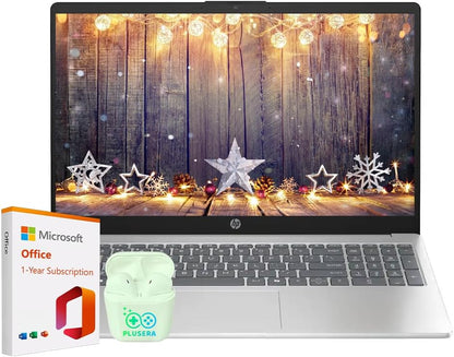 HP 15.6" Business Laptop with Microsoft Office 365 with Copliot AI, 16GB RAM 128GB SSD, Quad-Cores Intel Processor, Windows 11, PLUSERA Earphones, Natural Silver