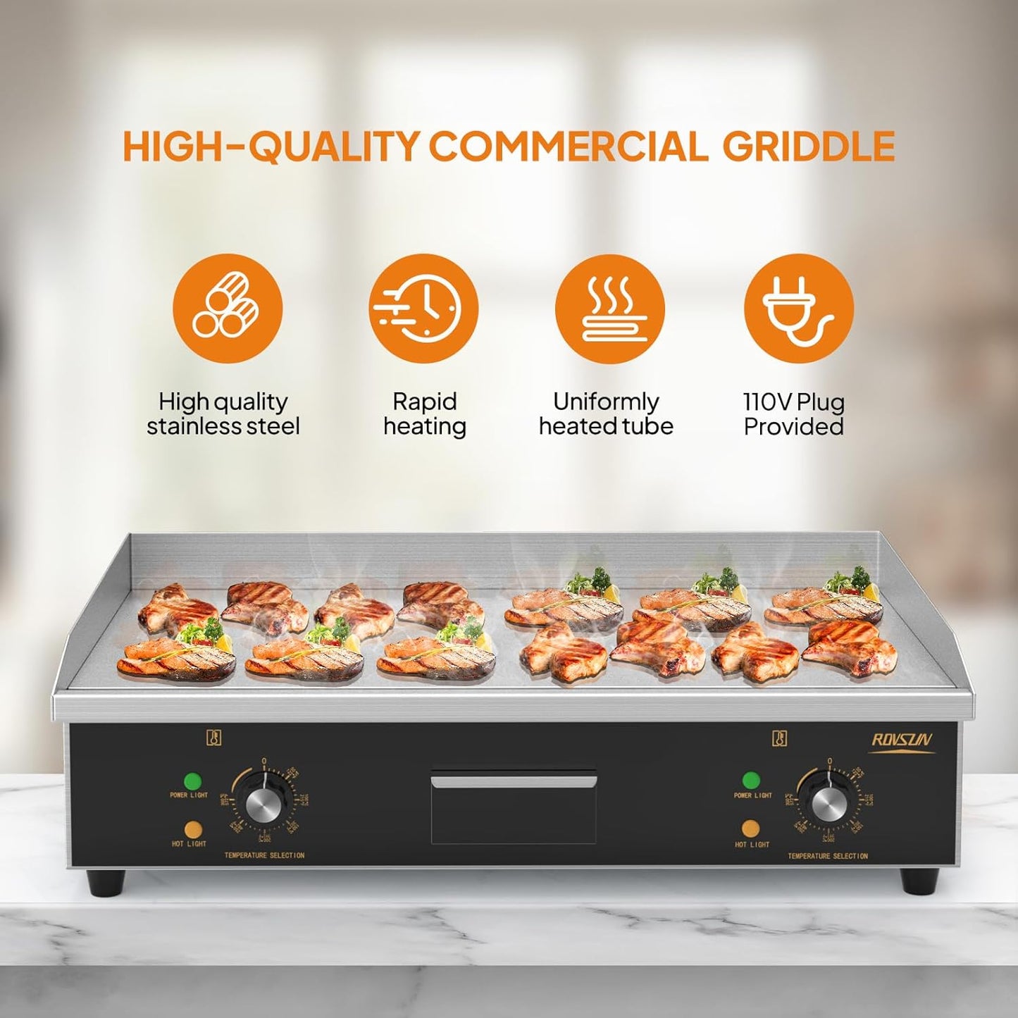ROVSUN 30" Electric Countertop Flat Top Griddle, 3000W Electric Griddle, Teppanyaki Grill Stainless Steel with Adjustable Temperature Control 122°F-572°F for Commercial Home Restaurant, Plug
