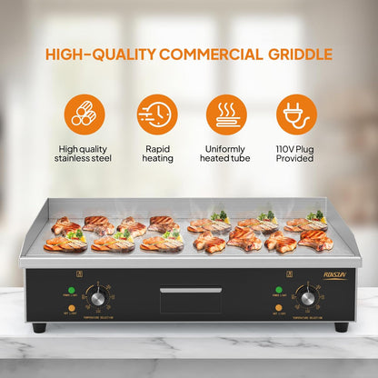 ROVSUN 30" Electric Countertop Flat Top Griddle, 3000W Electric Griddle, Teppanyaki Grill Stainless Steel with Adjustable Temperature Control 122°F-572°F for Commercial Home Restaurant, Plug
