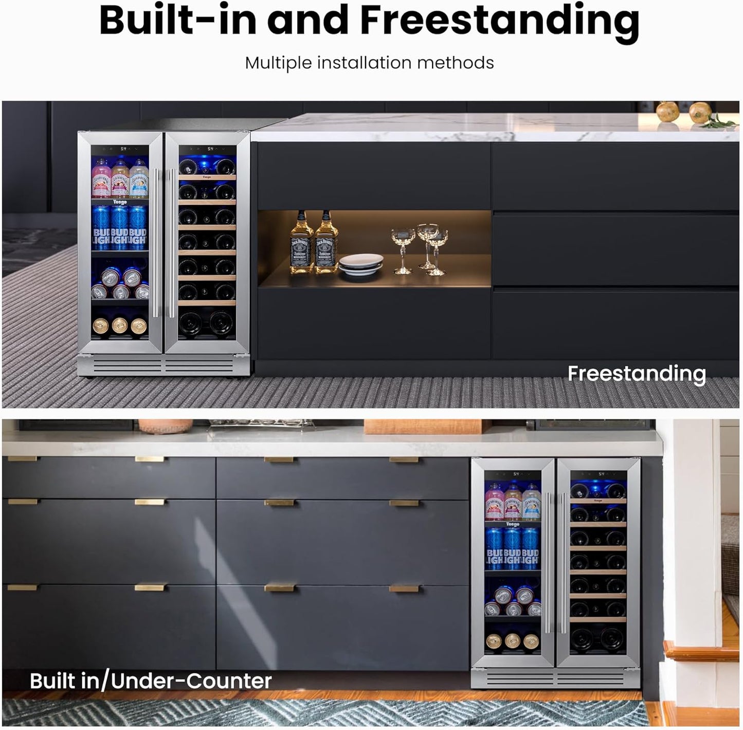 Yeego 24 Inch Wine and Beverage Cooler - 36-72°F, Holds 60 Cans & 20 Bottles Adjustable Shelves Beverage Fridge, Stainless Steel with glass Door for Built-in for Kitchen/Bar