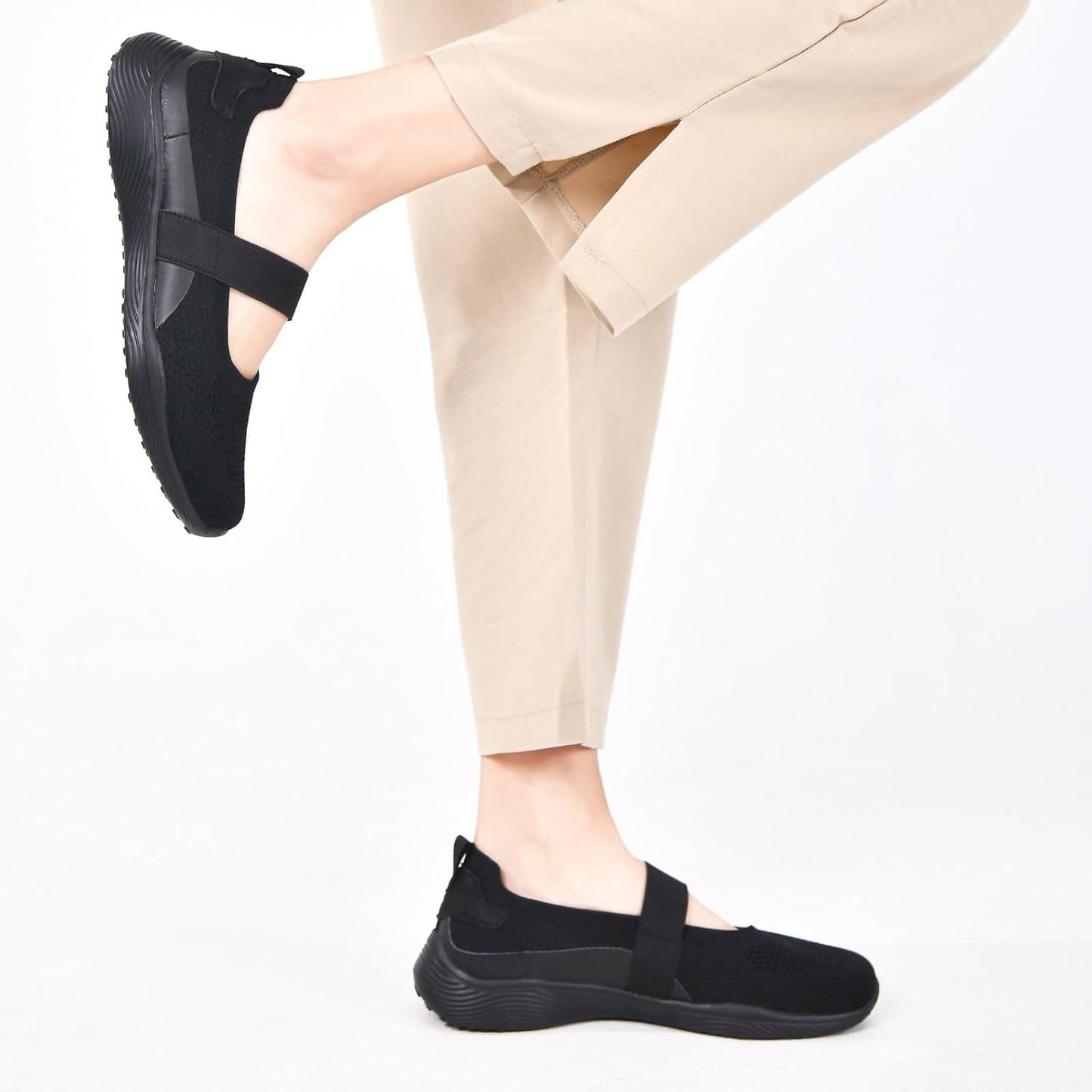 Women Mary Jane Shoes Slip On Walking Flats Comfortable Dressy Knit Washable Casual Nurse Shoe with Arch Support