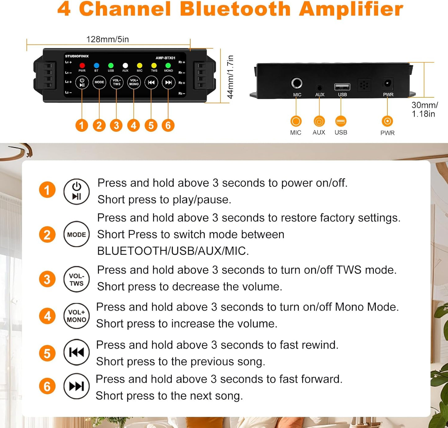 STUDIOFINIX 4 Inch Bluetooth Ceiling Speakers with 4-Channel Amplifier, 480W Max Power, 4 Speakers - Crisp Clear Sound for Living Room, Office, Kitchen, Basement, Covered Patio
