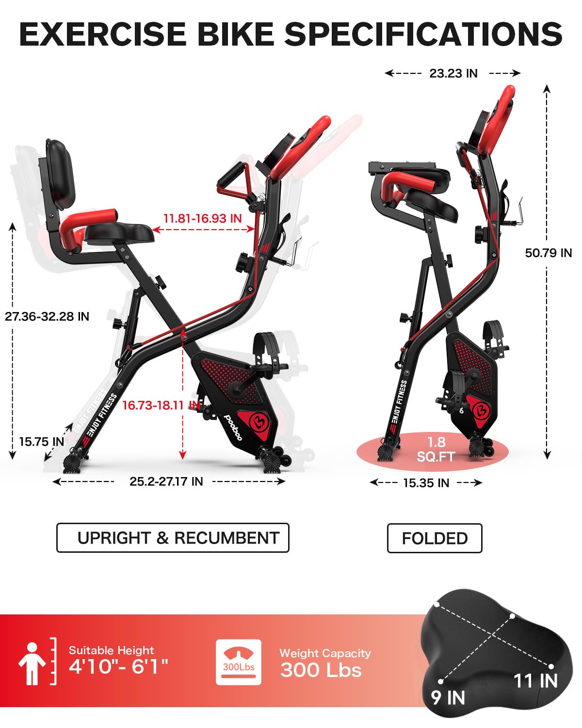 POOBOO Folding Exercise Bike - 8-Level Resistance, 300LB Capacity