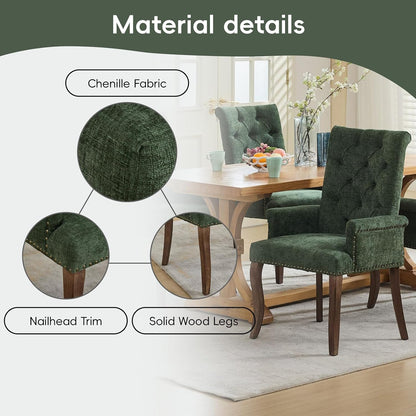 Upholstered Tufted Chenille Dining Chairs with Arms & Nailhead Trim – Solid Wood Frame & Legs, Modern Farmhouse for Dining, Kitchen & Living Room (Set of 6, Olive Green)
