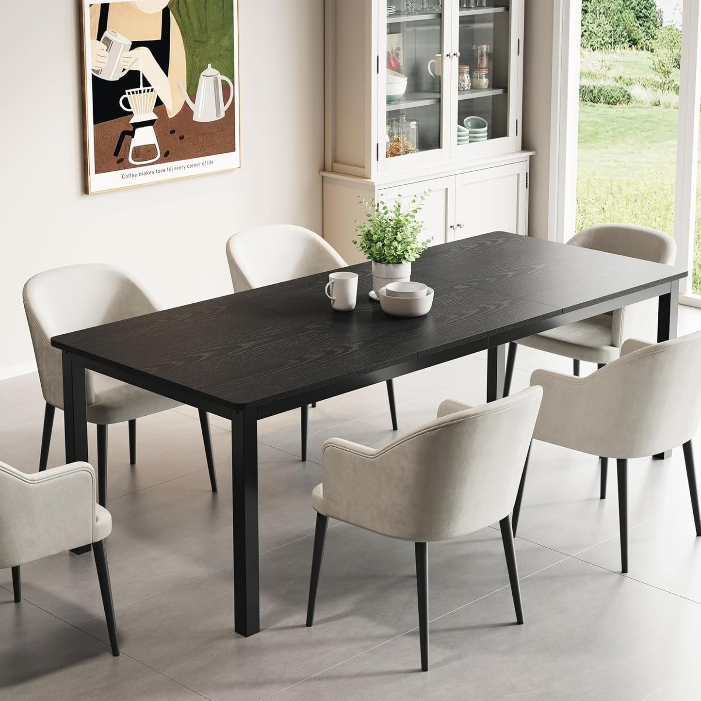 GarveeHome 70.8 in Industrial Dining Table for 6, Wooden Long Dinner Table with Mortise Tenon Design, Kitchen Table with Sturdy Metal Legs, for Dining Room Home Office Living Room, Black