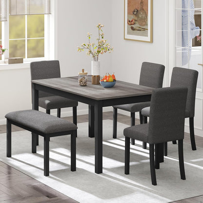Zevemomo 6-Piece Solid Wood Dining Table Set, Including 1 Dining Table, 4 Upholstered Chairs and 1 Bench, Wooden Legs Dining Table Set for Dining Room, Kitchen, Restaurant, Dark Grey