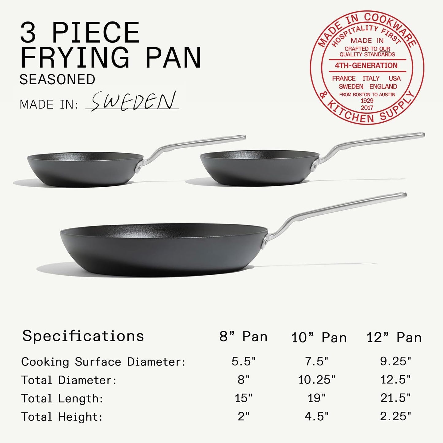 Made In Cookware | 3 Piece (Includes 8",10",12") Seasoned Blue Carbon Steel Frying Pan - (Like Cast Iron, but Better) | Professional Cookware | Crafted in Sweden | Induction Compatible