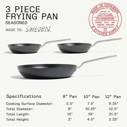 Made In Cookware | 3 Piece (Includes 8",10",12") Seasoned Blue Carbon Steel Frying Pan - (Like Cast Iron, but Better) | Professional Cookware | Crafted in Sweden | Induction Compatible