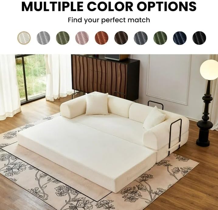 79'' Folding Convertible Sofa, Corduroy Modular Floor Couch with Pull Out Bed, 5-in-1 Sleeper Sofa Bed, No Assembly Space Saving Guest Sofa for Living Room Bedroom Apartment Lounge (Beige White) | High Backrest, No Assembly, Convertible Sofa, Space-S