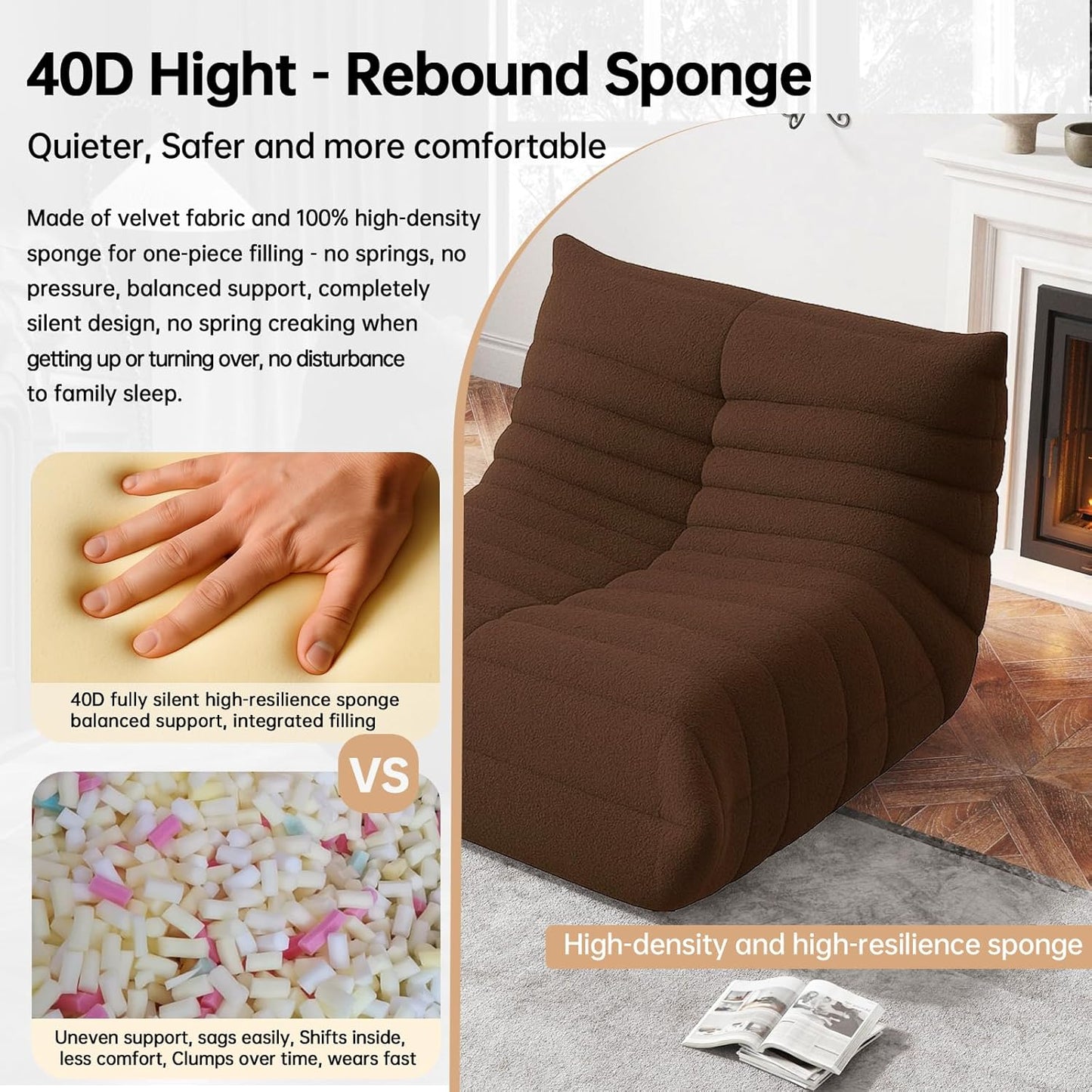 WHGBJA Bean Bag Chairs for Adults, BeanBag Reading Chair Memory Foam Couch, Floor Chair Soft Teddy Material, Comfy Reading Nook Chairs for Bedroom Living Room Office (Brown)