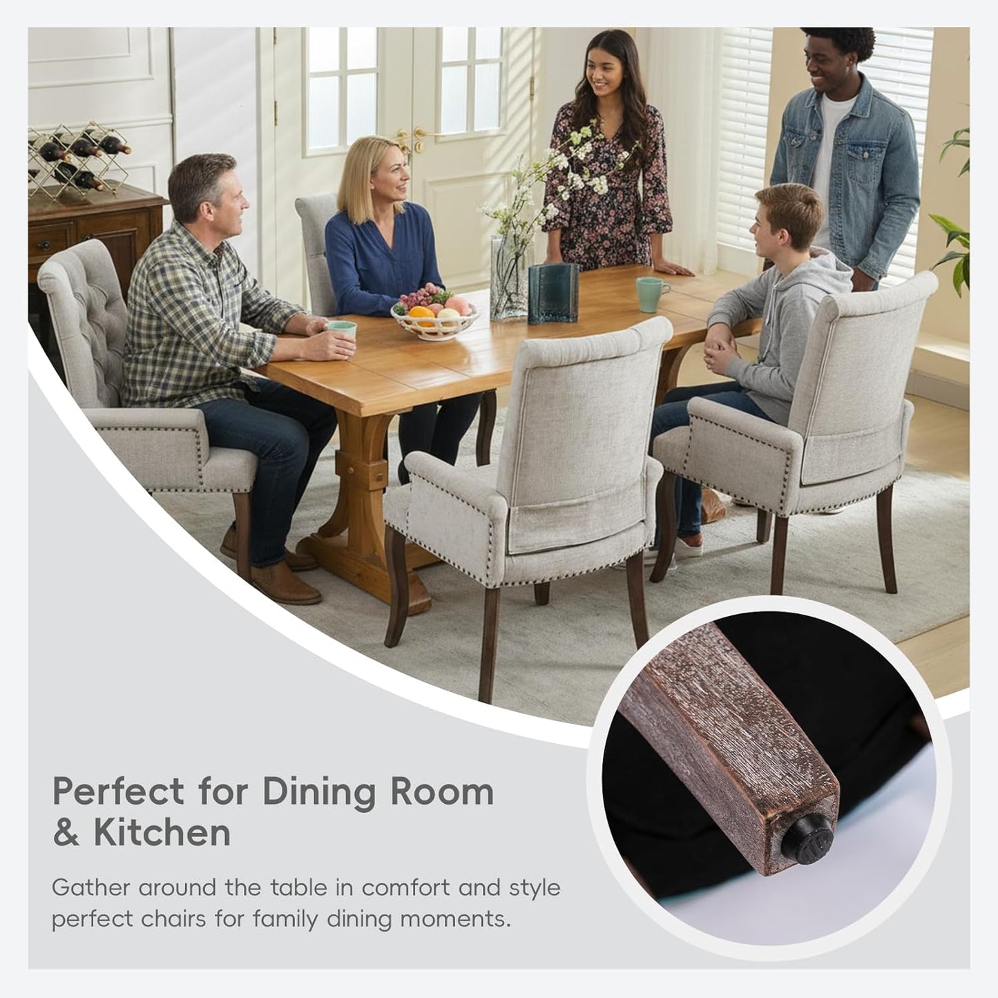 Upholstered Tufted Chenille Dining Chairs with Arms & Nailhead Trim – Solid Wood Frame & Legs, Modern Farmhouse for Dining, Kitchen & Living Room (Set of 6, Beige)