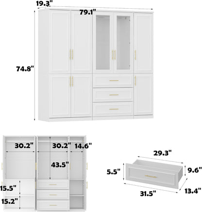 FUFU&GAGA Wardrobe Closet Collection with Doors, Modern White Bedroom Armoire System with Gold Handles, Modern Clothes Storage Cabinet with Drawers, Shelves, Hanging Rods, 79.1”W x 19.3”D x 74.8”H
