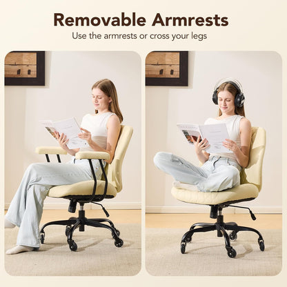 YFO Home Office Desk Chair Office Rubber Casters Ergonomic Computer Chair with Lumbar Support Adjustable Height Rolling Swivel Executive Task Armrests Chair . Cream Leather