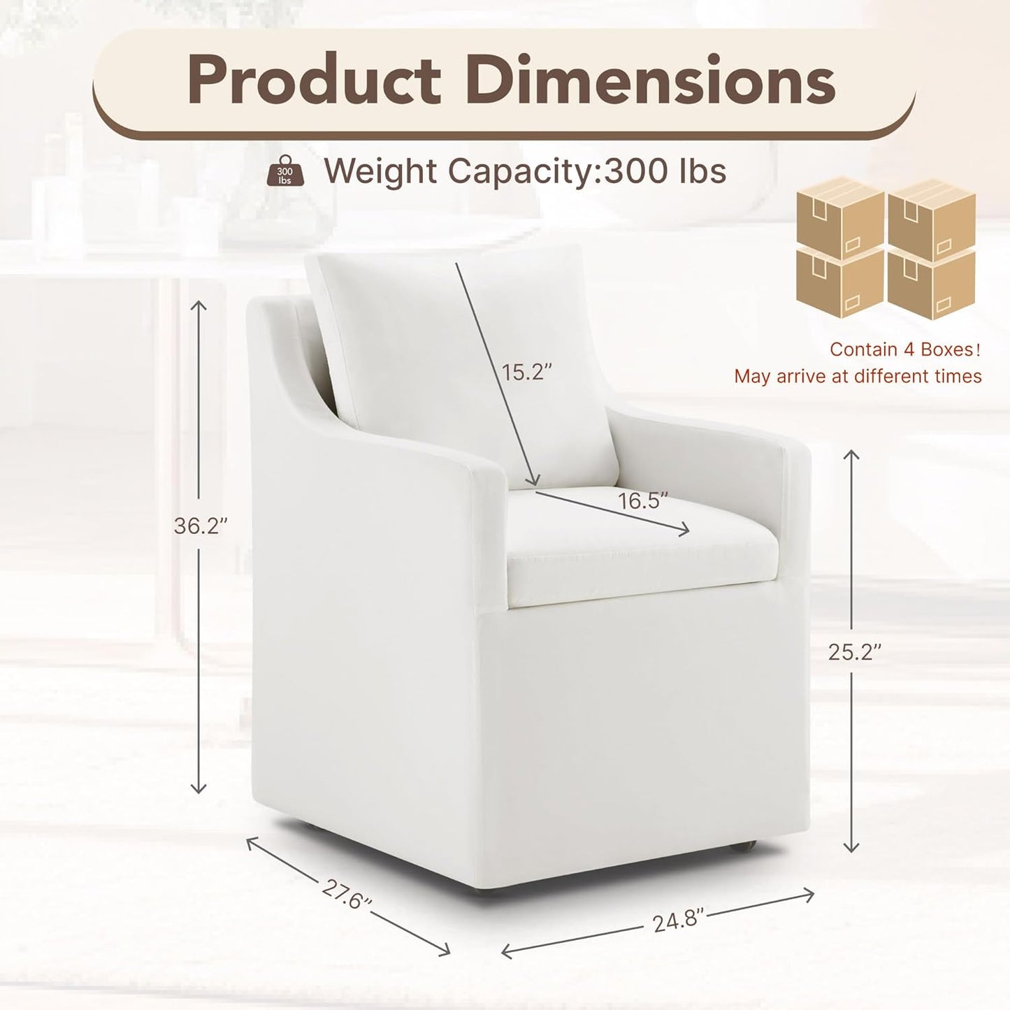 KISLOT Upholstered Dining Chairs Set of 4, Modern Dining Room Chairs with Casters & Washable Cover, Rolling Accent Chair with Hidden Storage for Kitchen, Farmhouse, Living Room, White, 4 Box