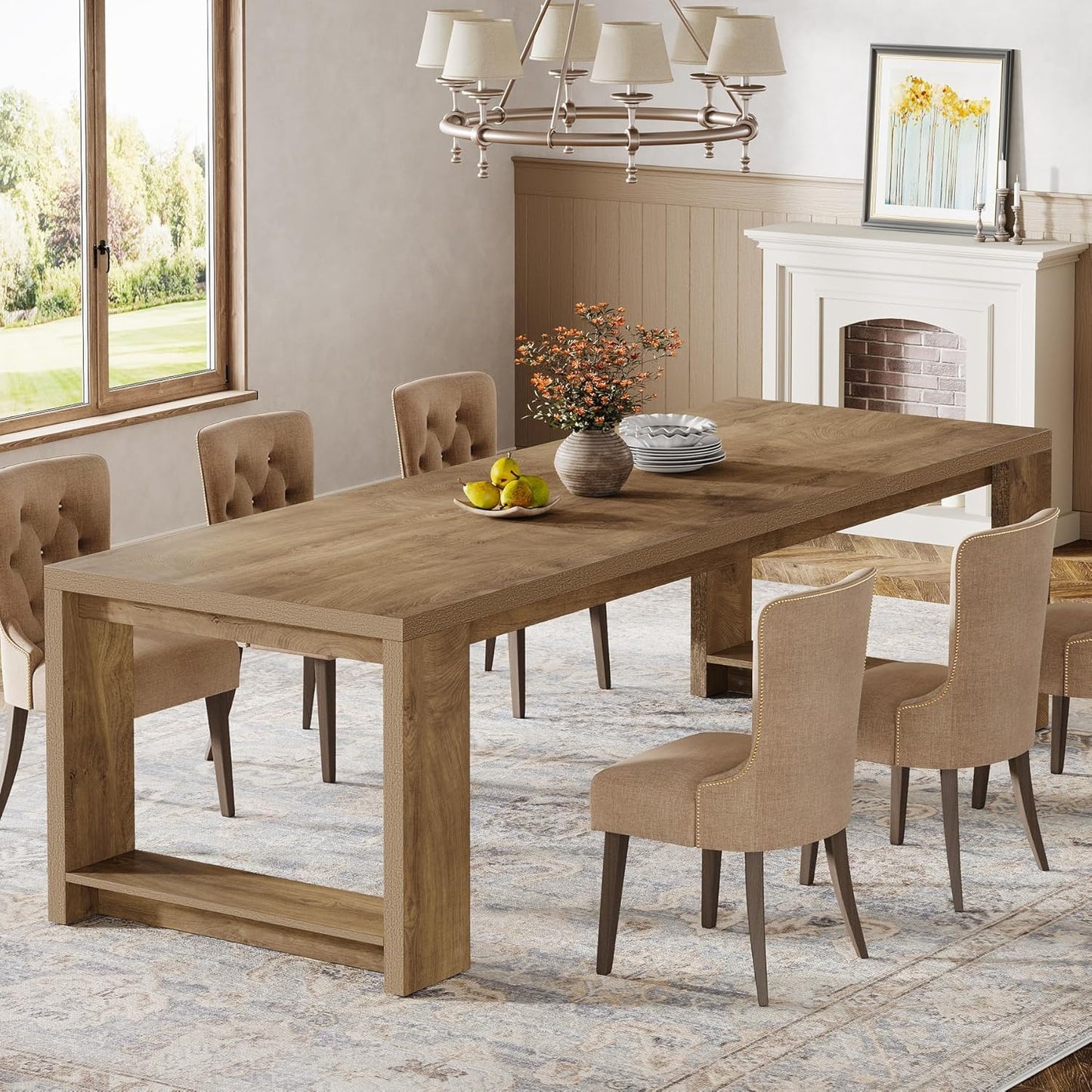 Tribesigns 86.61-Inch Dining Table for 6 People, Modern Narrow Long Kitchen Table with Pedestal Base, Farmhouse Extra Long Rectangular Dining Room Furniture, 27.56 x 86.61 x 29.53 Inches, Oak