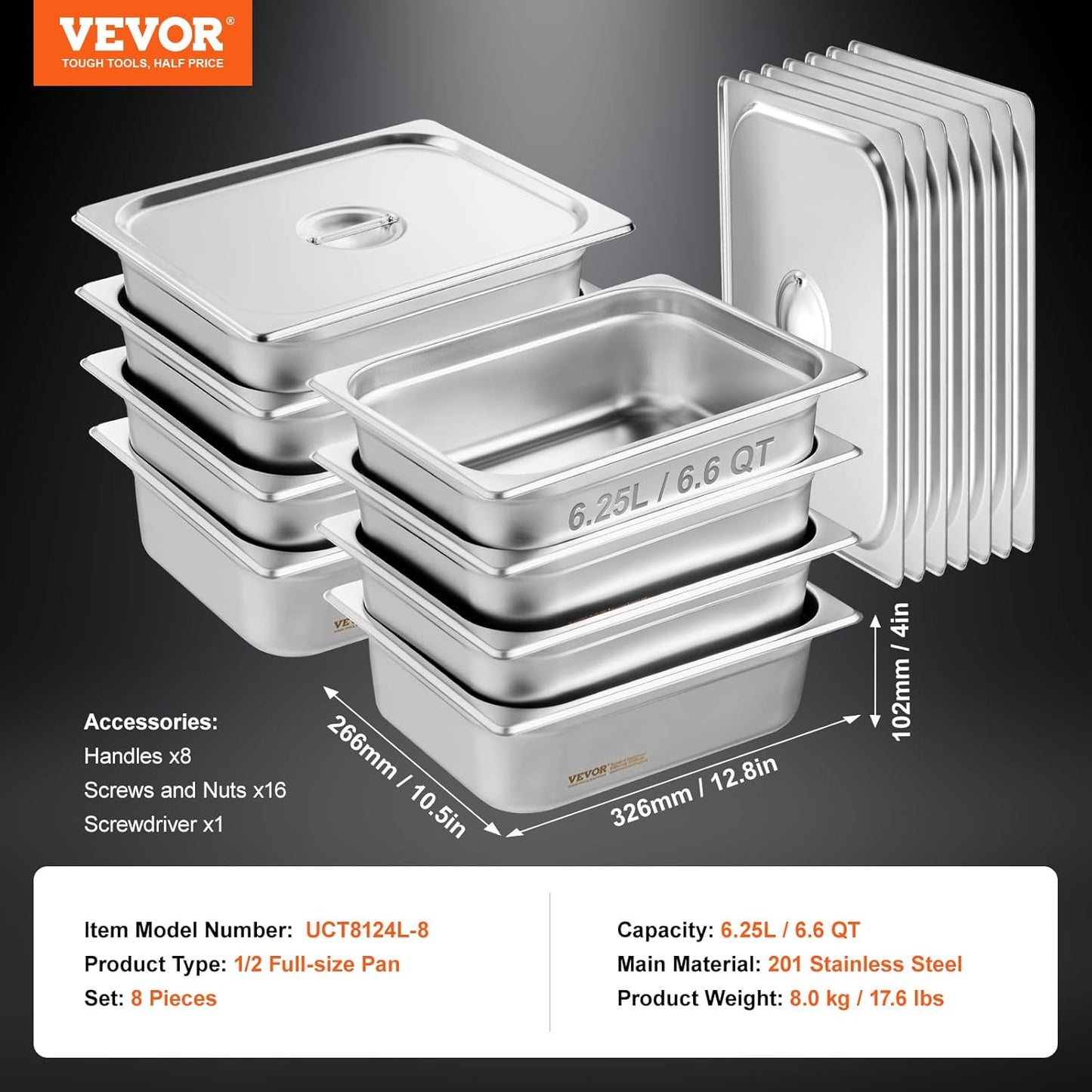 VEVOR 8 Pack Hotel Pans with Lids, 1/2 Size Anti-Jam Steam Pan, 0.8mm Thick Stainless Steel Steam Table Pan, 4-Inch Deep Commercial Table Pan, Catering Storage Food Pan, for Industrial & Scientific