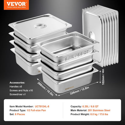 VEVOR 8 Pack Hotel Pans with Lids, 1/2 Size Anti-Jam Steam Pan, 0.8mm Thick Stainless Steel Steam Table Pan, 4-Inch Deep Commercial Table Pan, Catering Storage Food Pan, for Industrial & Scientific
