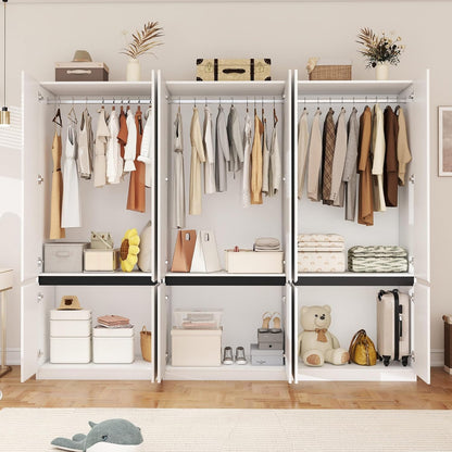 White Armoire Wardrobe Closet: 74" Wooden Wardrobe Closet with 6 Doors, Bedroom Armoires with Hanging Rod, Tall Closets Cabinet for Hanging Clothes (94.5")