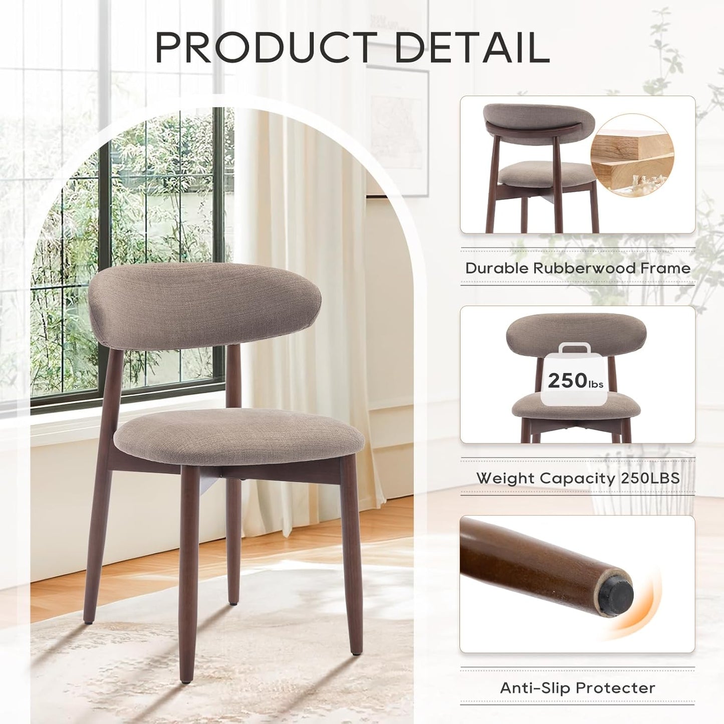 COLAMY Wooden Dining Chairs Set of 4, Modern Fabric Upholstered Dining Room Chair, Farmhouse Kitchen Chairs with Foot Pegs, Camel