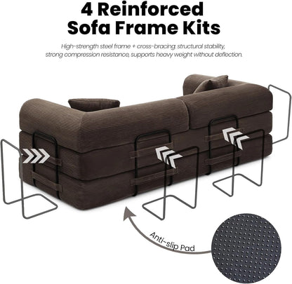 79'' Convertible Sofa Bed, Folding Sleeper Couch with Pull Out Bed, Modular Floor Couch with Cushions, Corduroy Sofa for Apartment Living Room Bedroom Guest Room Use, No Assembly (Brown)