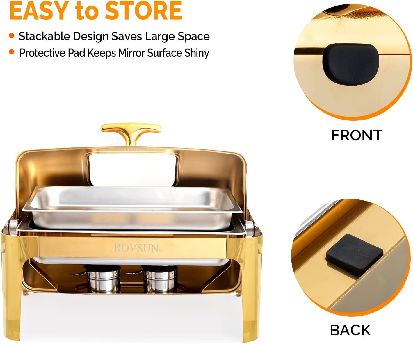 ROVSUN 9QT 3 Pack Roll Top Chafing Dish Buffet Set, Rectangular NSF Stainless Steel Buffet Warmer Chafers with Thick Frame for Catering Events Parties Weddings Dinners, Gold