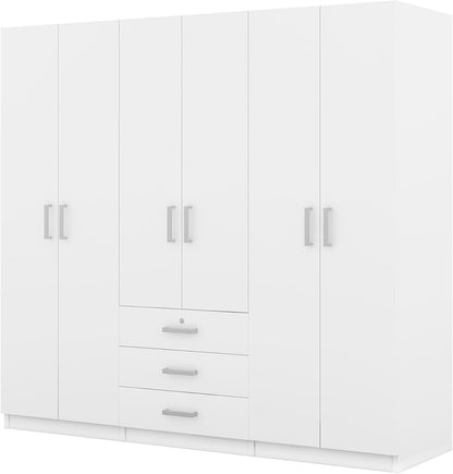 Merax Large White 6 Doors Wooden Wardrobe, Bedroom Tall Armoire Closet Organizer with Big Drawers, Hanging Rails and Shelves, Clothes Storage Cabinet for Garage & Laundry Room, White