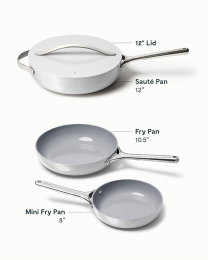 Caraway 4-Piece Fry Pan Set - Non-Stick Frying Pans (10.5” & 8”) & Non-Stick Sauté Pan - Non Toxic, PTFE & PFOA Free - Oven Safe & Compatible with All Stovetops (Gas, Electric & Induction) - Gray