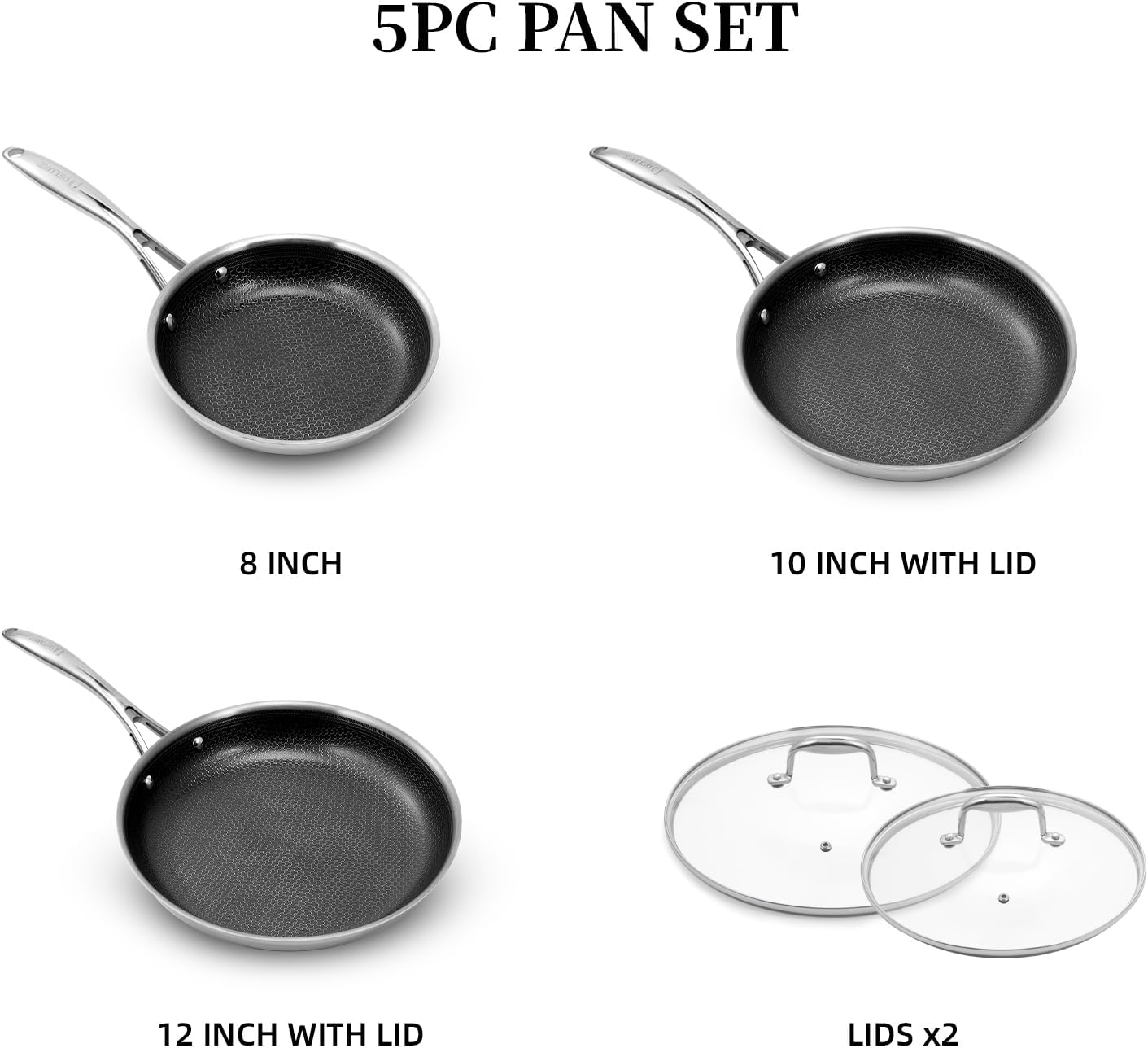 DELUXE Hybrid Ceramic Nonstick 5-PC Fry Pan Set,8,10,12 Inch Frying Pans with Tempered Glass Lid,Stay-Cool Handle, Dishwasher Safe, Works on All Stovetops Induction for Home Daily Cooking (Black)