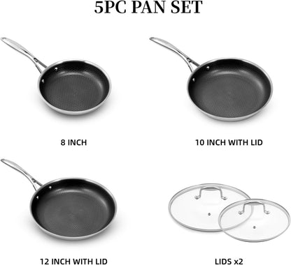 DELUXE Hybrid Ceramic Nonstick 5-PC Fry Pan Set,8,10,12 Inch Frying Pans with Tempered Glass Lid,Stay-Cool Handle, Dishwasher Safe, Works on All Stovetops Induction for Home Daily Cooking (Black)