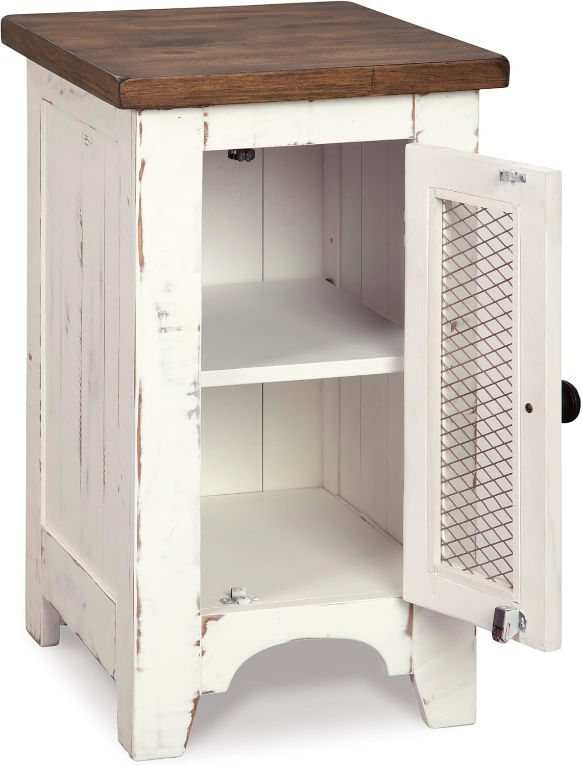 Signature Design by Ashley Wystfield Farmhouse Chair Side End Table with Cabinet Door for Storage, White & Brown with Distressed Finish