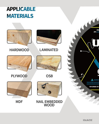 6-1/2-Inch 60-Tooth Circular Saw Blade with 5/8-Inch Arbor, Ultra Finish Wood Cutting, Carbide Tip, Thin Kerf, for Plywood, MDF, OSB, Laminated, 2 Pack