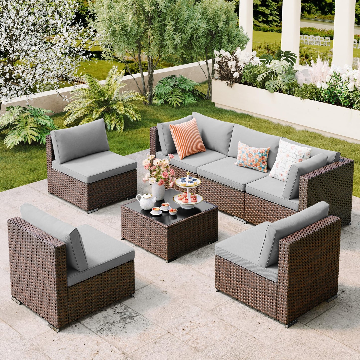 QSUN 7 Pieces Outdoor Patio Wicker Furniture Set, Grey