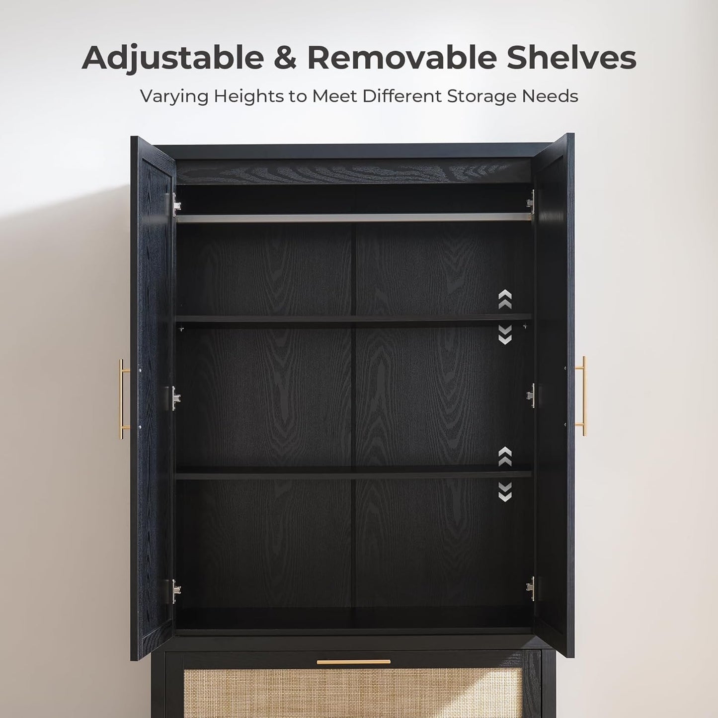 SICOTAS Larger Armoire Wardrobe Closet, 71" Tall Rattan Wardrobe Closet Cabinet with Storage and 2 Drawers, Boho Armoire Clothes Organizer with Hanging Rod for Bedroom, Black Oak (2 PCS)