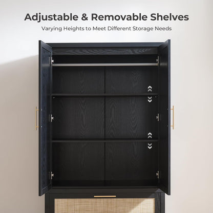 SICOTAS Larger Armoire Wardrobe Closet, 71" Tall Rattan Wardrobe Closet Cabinet with Storage and 2 Drawers, Boho Armoire Clothes Organizer with Hanging Rod for Bedroom, Black Oak (2 PCS)