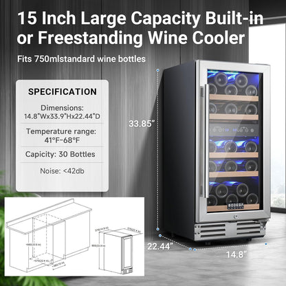 BODEGA 15” Wine Cooler, 30 Bottle Dual Zone Wine Fridge With Double-Layer Glass Door, Freestanding or Built-In Wine Fridge with Blue LED Light & Stainless Steel Handle, for Home, Kitchen,Bar, Black.