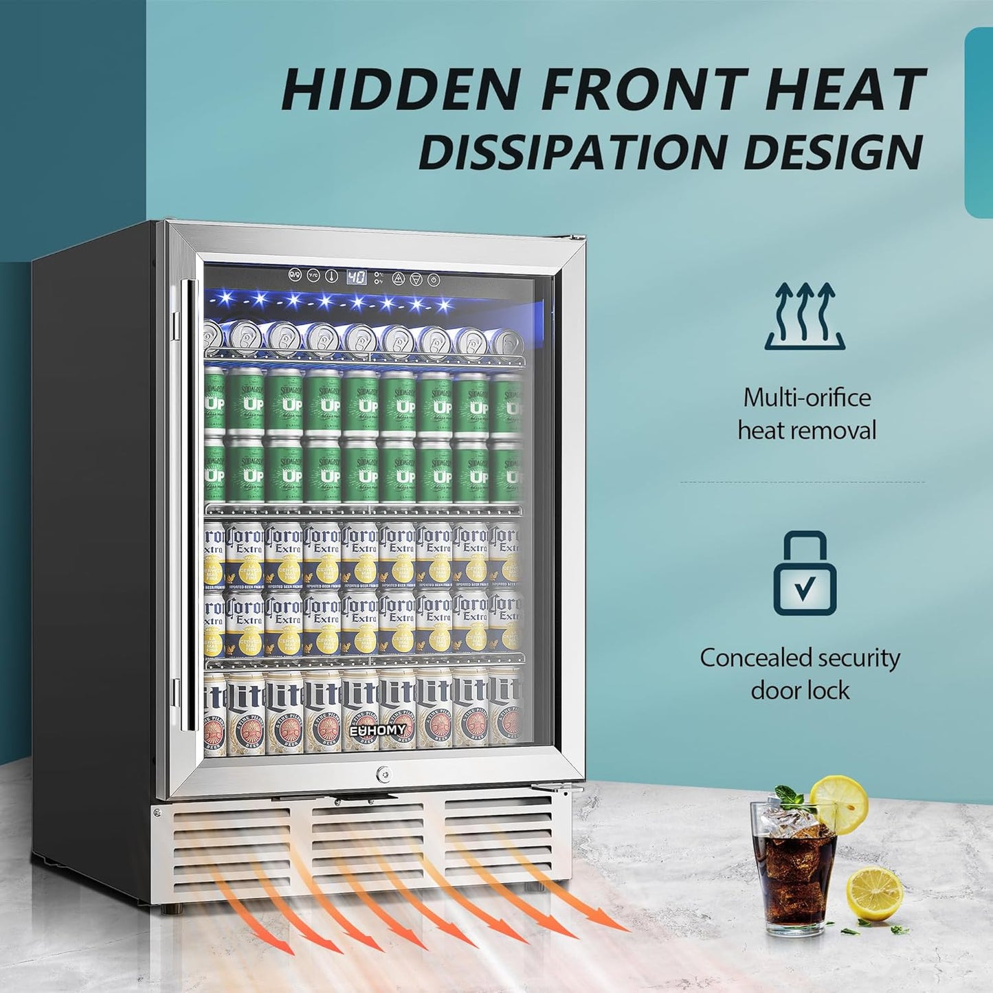 EUHOMY 24 Inch Beverage Refrigerator, 180 Can Built-in Beverage Cooler, Under Counter Beer Fridge with Glass Door for Soda, Water, Wine - For Kitchen, Bar or Office