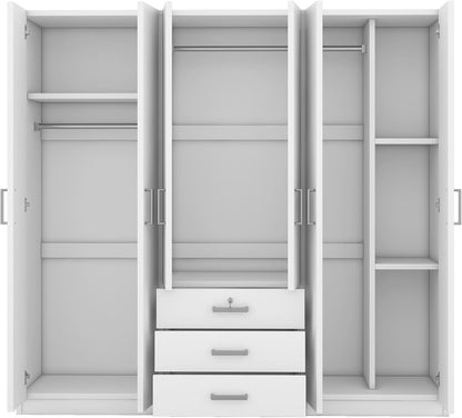 Merax Large White 6 Doors Wooden Wardrobe, Bedroom Tall Armoire Closet Organizer with Big Drawers, Hanging Rails and Shelves, Clothes Storage Cabinet for Garage & Laundry Room, White