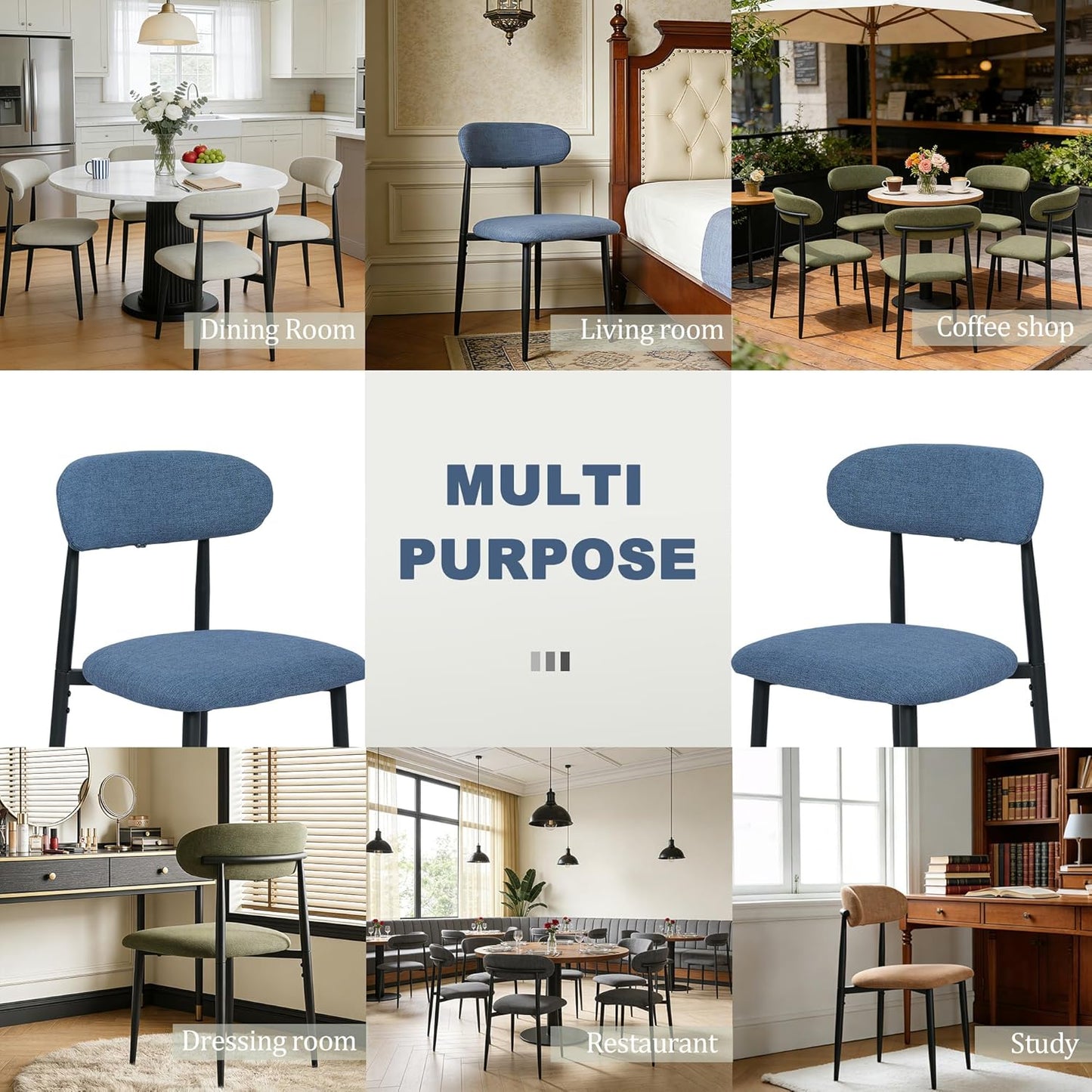 FREKEN Modern Upholstered Dining Chairs Set of 8, Mid-Century Metal Frame Linen Fabric Side Chair for Kitchen Dining Room, 350lbs Capacity, Blue
