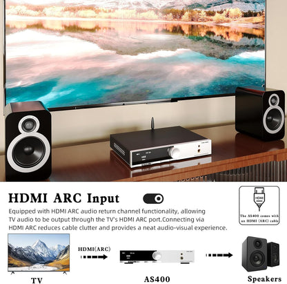 SMSL AS400 MA5332MS Power Amplifier CS43131 165W x 165W DAC Headphone Amp, USB/Coax/Opt/HDMI ARC/RCA/Phono Input 2.1 Channel Speaker/Subwoofer 4.4mm/6.35mm Headphone Output, MQA DAC Class D Amplifier