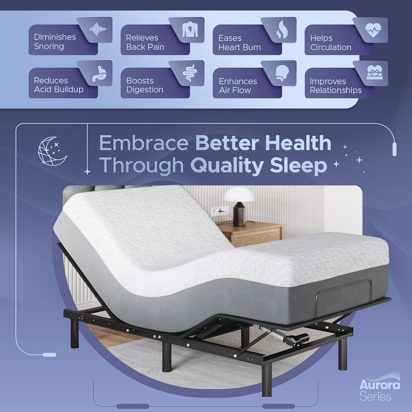 Celestial Aurora Adjustable Bed Base (Frame) + 8 inch Gel Memory Foam Mattress (Firm), Easy Assembly, Head and Foot Lift, Zero Gravity, Memory Positions, CertiPUR-US Bed - TwinXL