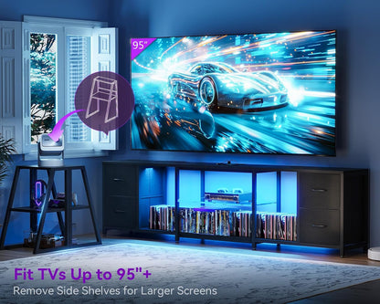 Casaottima LED TV Stand for 50–65 Inch TVs with Power Outlets & RGB Ligths, Gaming Entertainment Center with 4 Drawers & Storage, Media Console Supports Up to 75/85/95 Inch Wall-Mounted TVs, Black