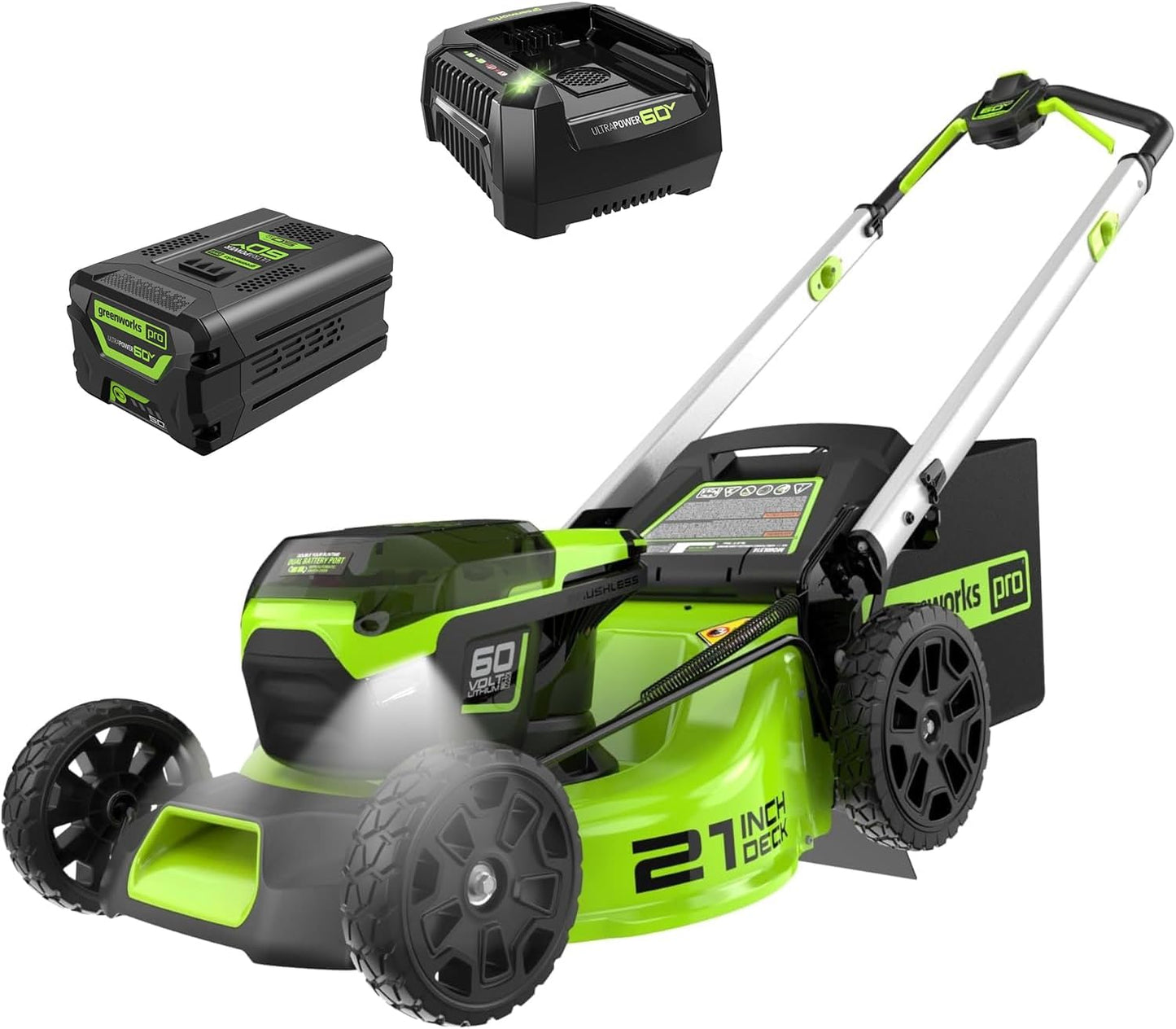 Greenworks 60V 21" Brushless (Push) Cordless Lawn Mower, 5.0Ah Battery (1/2 Acre, Rapid Charger, 4-in-1, LED Lights, IPX4)