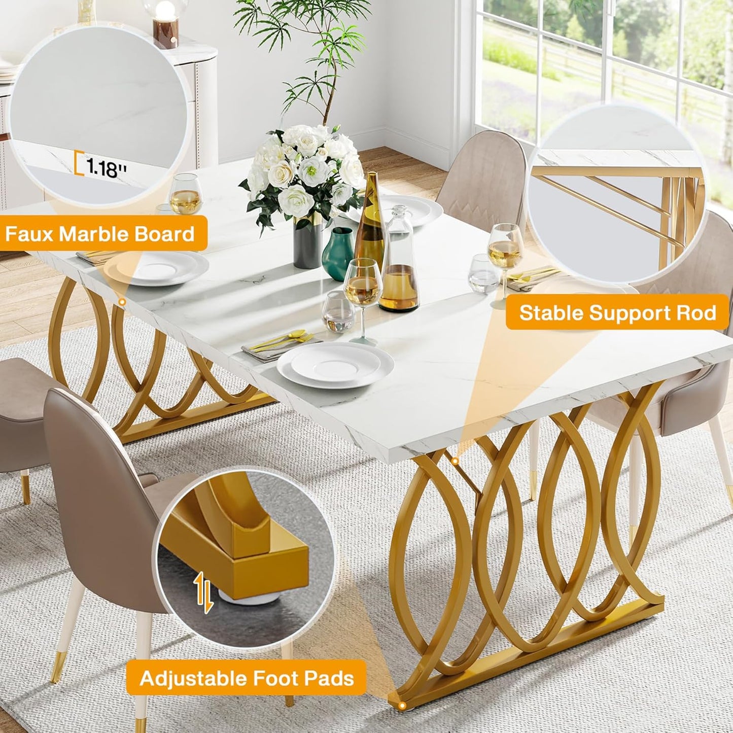 Tribesigns Modern Dining Table, 63" Large Kitchen Table for 4-6 People, Unique Rectangular Dinner Table Kitchen & Dining Room Furniture with Faux Marble Tabletop and Geometric Legs