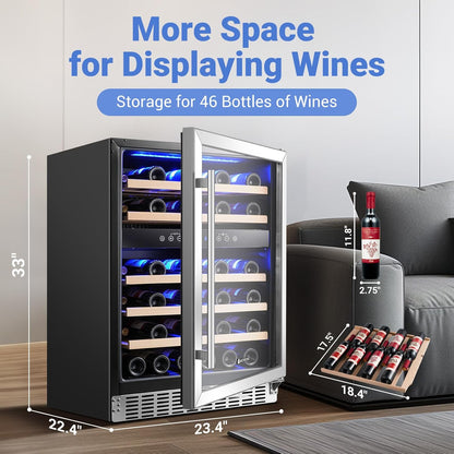 AAOBOSI Wine Fridge Cooler, 46 Bottles,24 inch Dual Zone Wine Cooler Under Counter with Adjustable Shelves,Built-in or Freestanding Wine Refrigerators for Home,Office,Bar